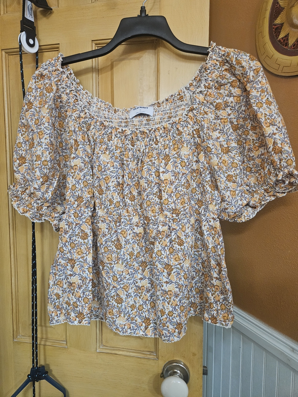 Old Navy Smocked Neck Floral Peasant Top in Mustard
